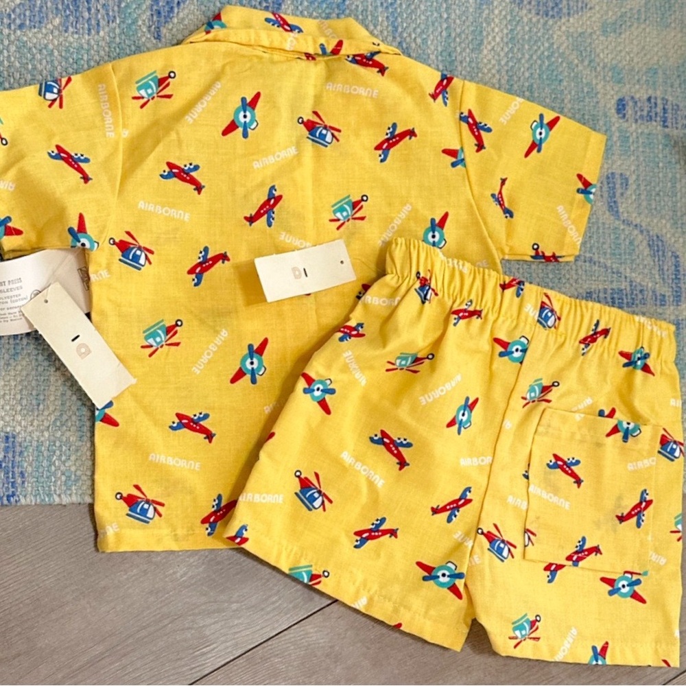 NEW Vintage Healthtex Toddler Yellow Airplane Outfit Set Button Down & Shorts - Picture 4 of 16